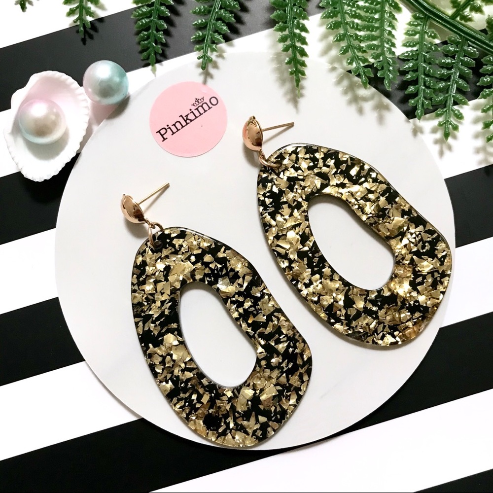 Sparkling Golden Foil Black Acrylic Earrings